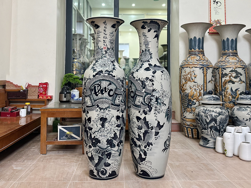 Lọ lộc bình Bát Tràng men chàm Đức Phúc 1m4 2